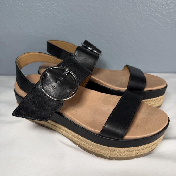 UGG Women 8 April Espadrille Platform Sandal Black Leather Buckle Strap EUC